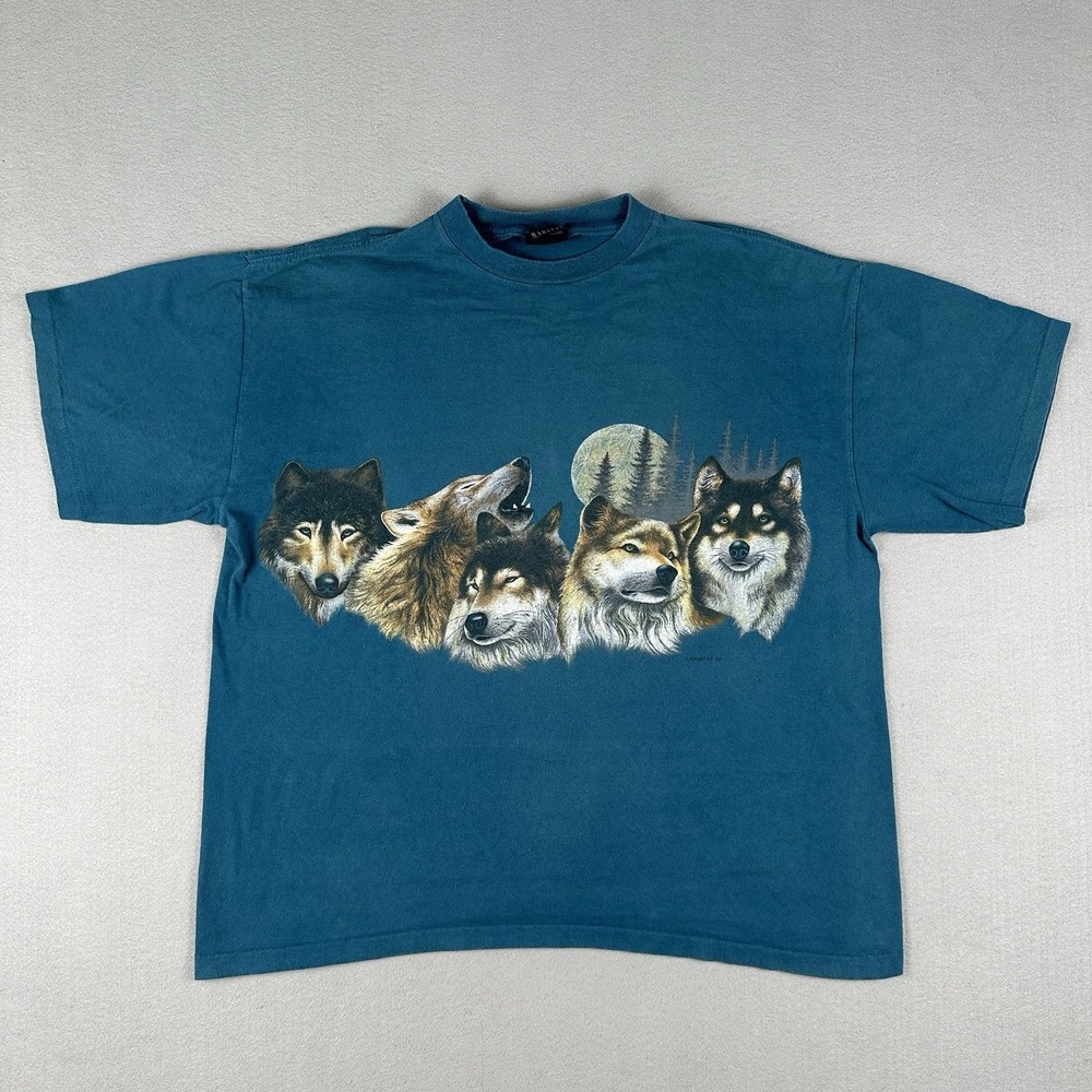 Vintage 90s Wolf Shirt Men's XL Blue Double Sided Habitat Nature Wildlife